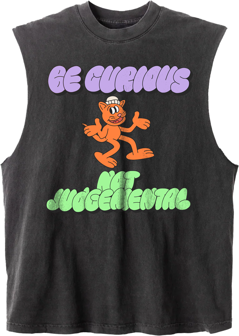 Curious Cat Unisex Sleeveless Tee - Vintage Black