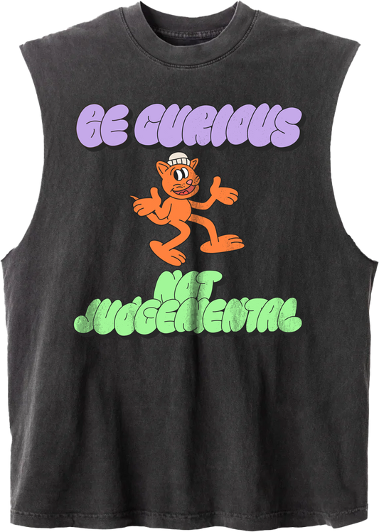 Curious Cat Unisex Sleeveless Tee - Vintage Black
